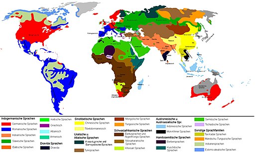 Sprachenkarte der Weltde (Sebastian Huber, CC BY-SA 3.0 , via Wikimedia Commons, https://commons.wikimedia.org/wiki/File:Sprachenkarte_der_Welt.jpg, https://upload.wikimedia.org/wikipedia/commons/0/07/Sprachenkarte_der_Welt_Version_2.jpg)