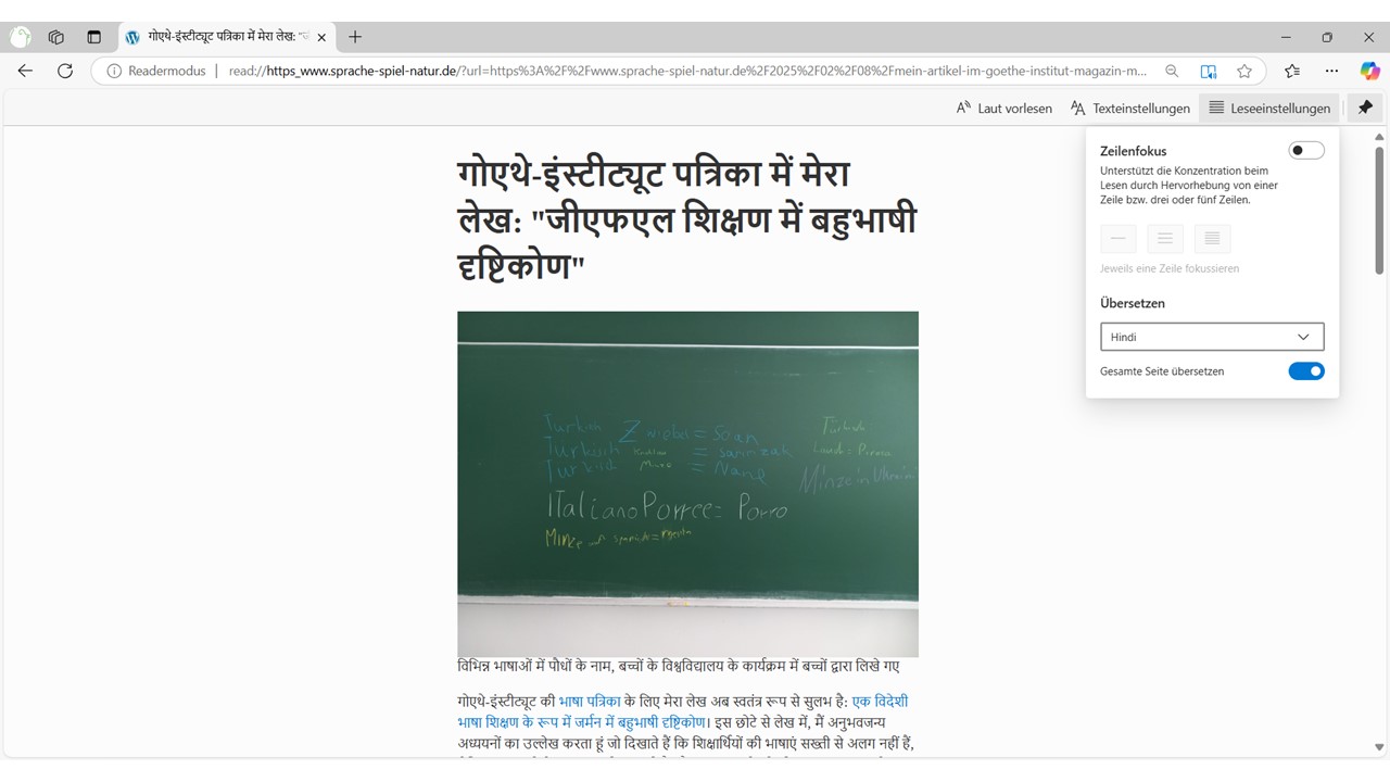 Hindi-Übersetzung mit dem "Plastischen Reader" des Edge Browsers (Screenshot)